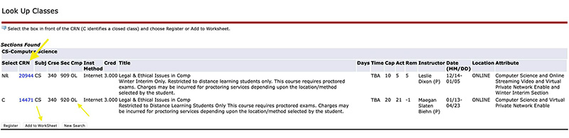 Look up class list with sections and CRN