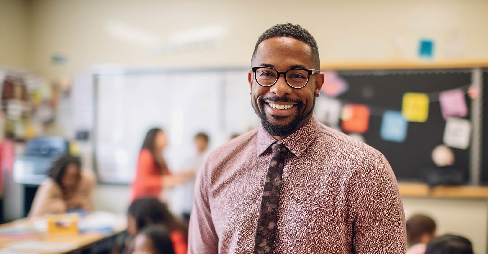 Teacher standing in a classroom with students in background