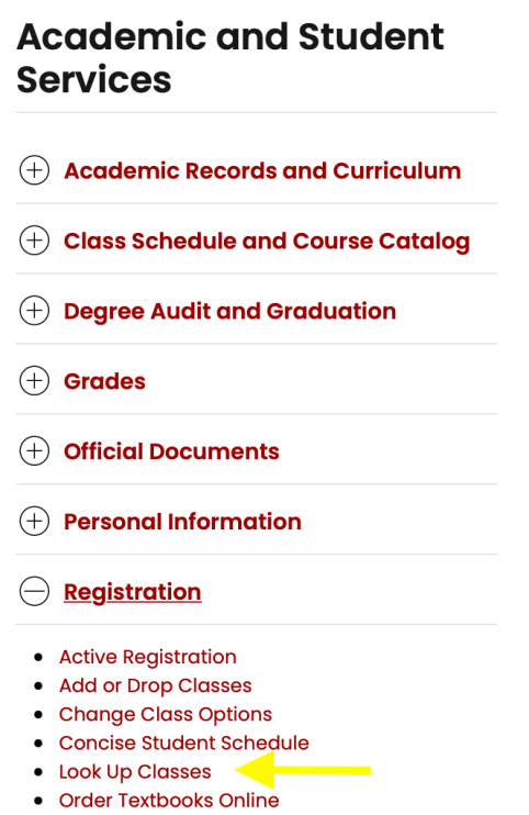 Academic and Student Services, where to look up classes