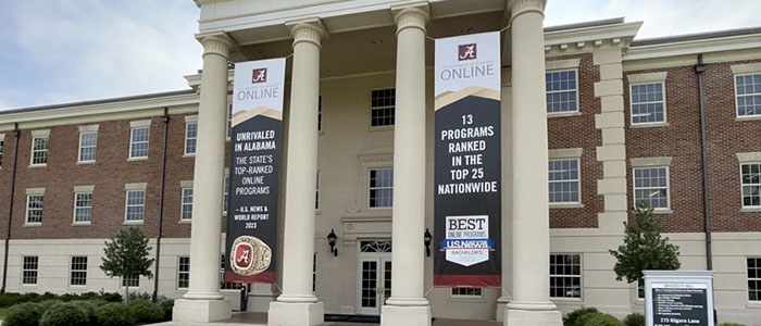 University Hall with US News & World Report ranking banners