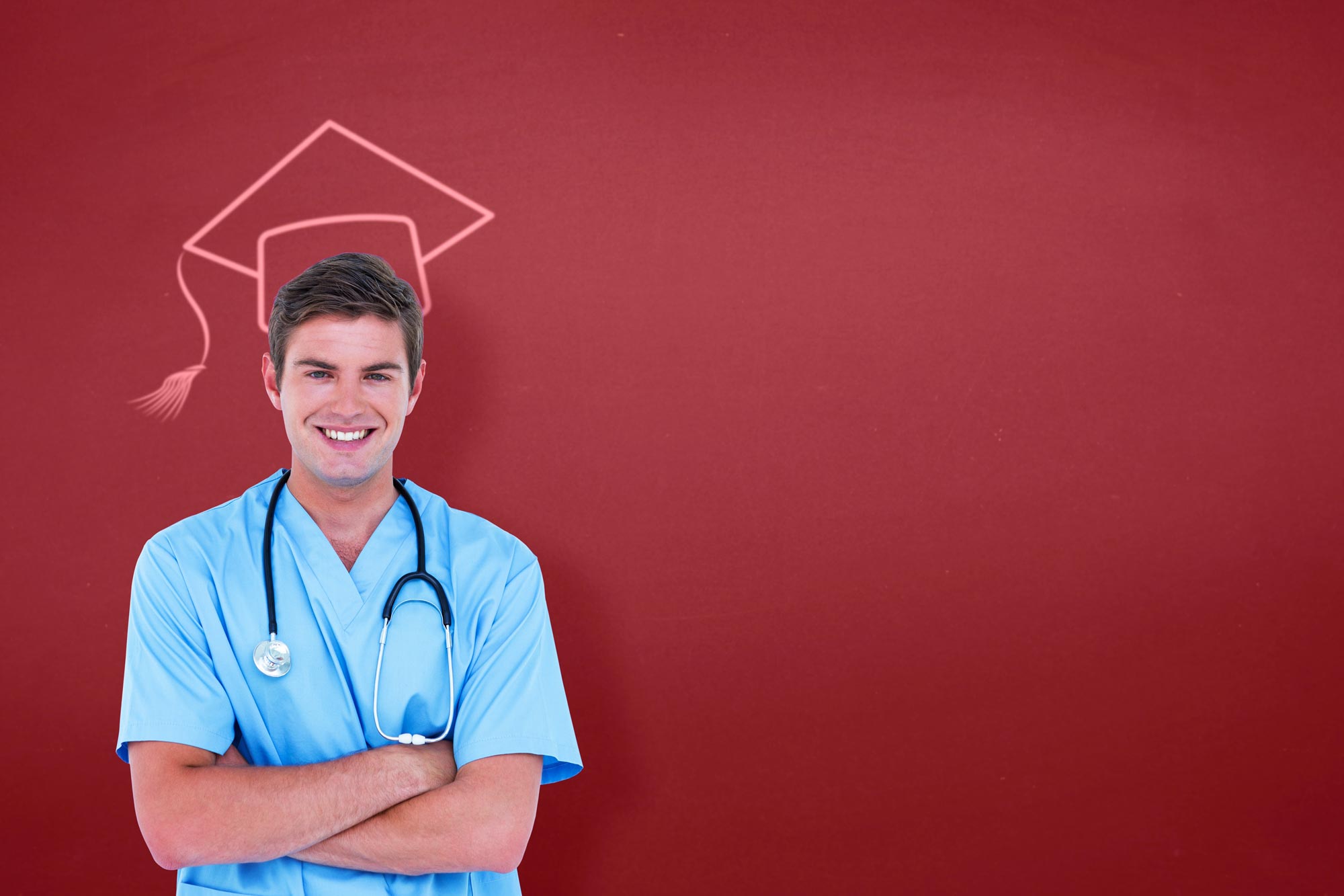Nursing student with a graduation cap icon at the top of his head