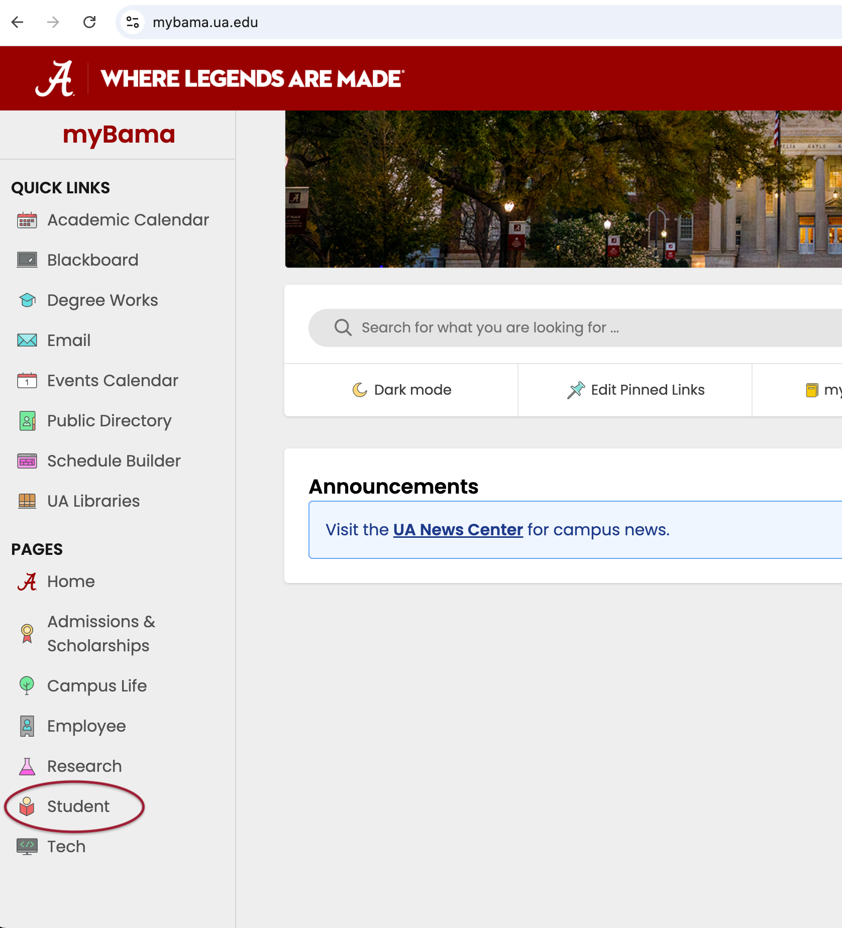 myBama Pages menu