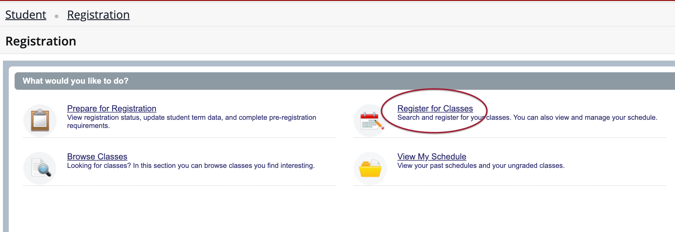 Register for Classes window