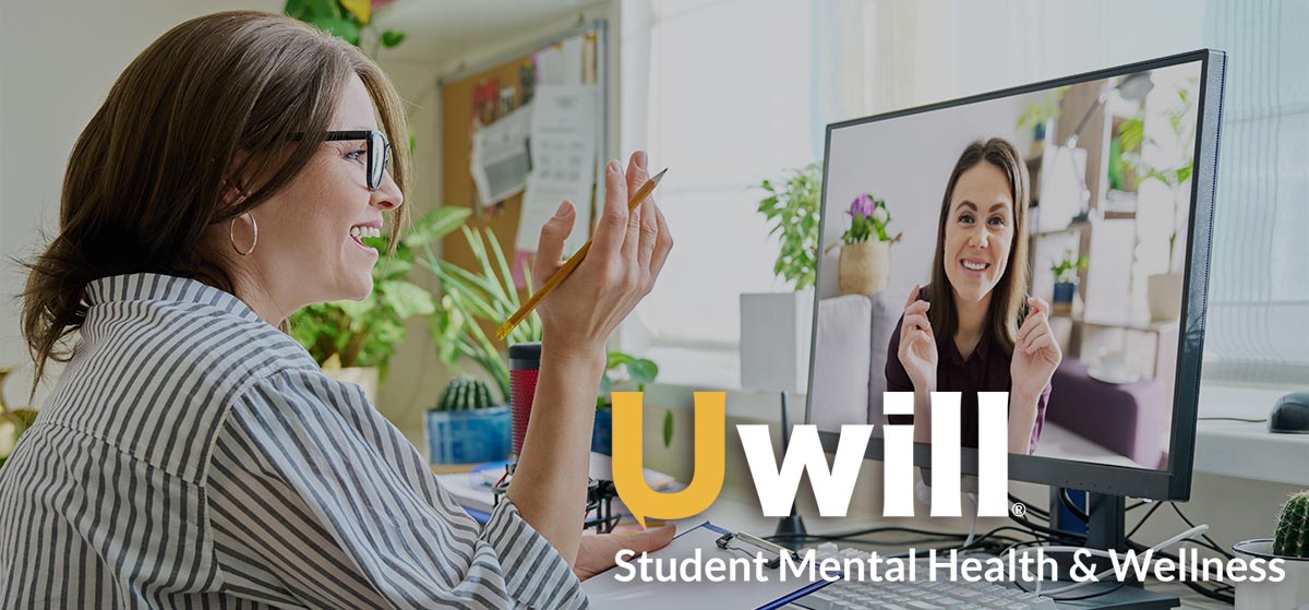 Two people in a virtual meeting with the Uwill logo
